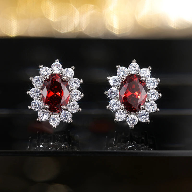 Huitan Full Zircon Stud Earrings for Women Blue/Purple/Red/Pink/Black/White/Green Oval CZ Wedding Trend Female Luxury Jewelry