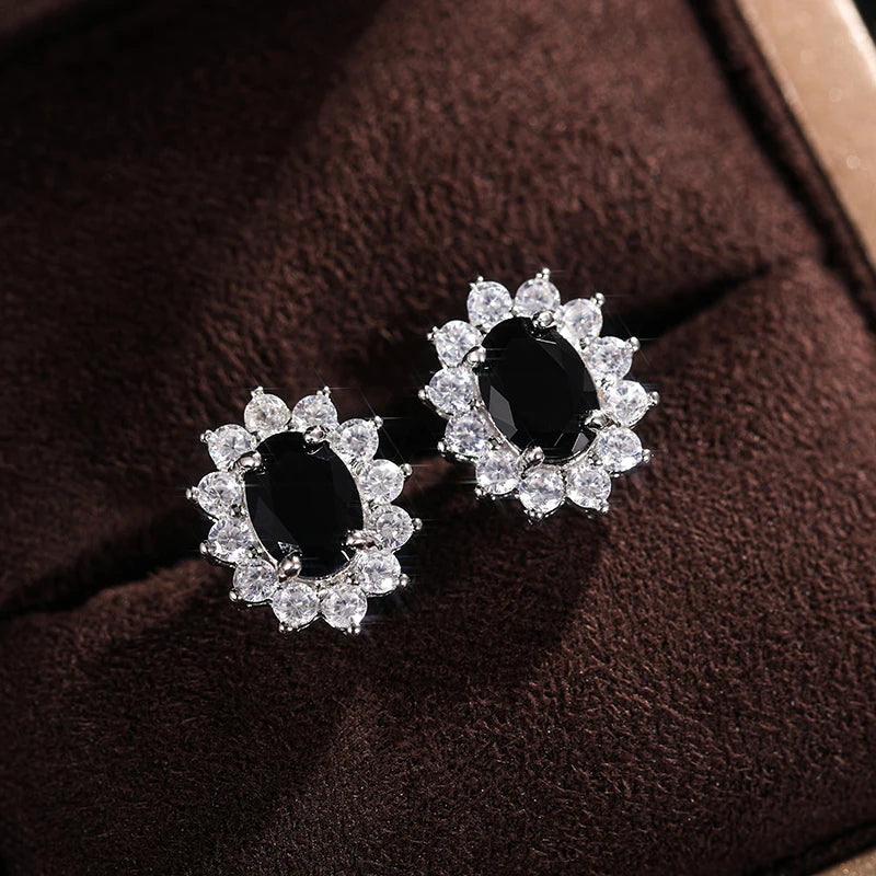 Huitan Full Zircon Stud Earrings for Women Blue/Purple/Red/Pink/Black/White/Green Oval CZ Wedding Trend Female Luxury Jewelry