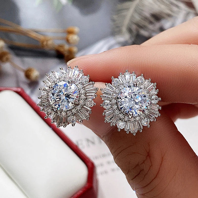 Huitan Eternity Cubic Zirconia Flower Stud Earrings for Women High Quality Wedding Accessories Classic Versatile Female Jewelry