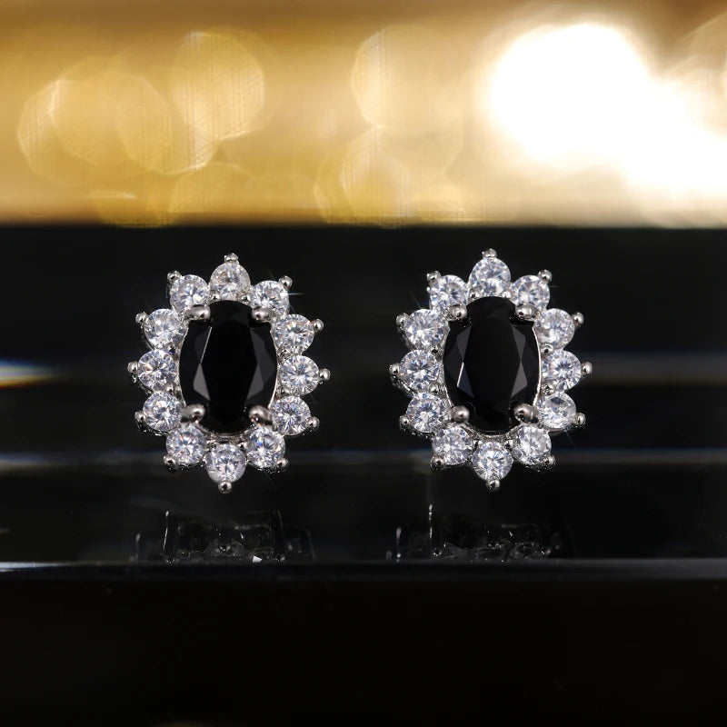 Huitan Full Zircon Stud Earrings for Women Blue/Purple/Red/Pink/Black/White/Green Oval CZ Wedding Trend Female Luxury Jewelry