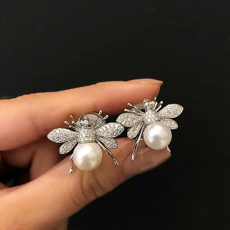 Huitan Fashion Simulated Pearl Bee Stud Earrings Girls with Crystal Cubic Zirconia Cute Animal Earrings Daily Wear Women Jewelry