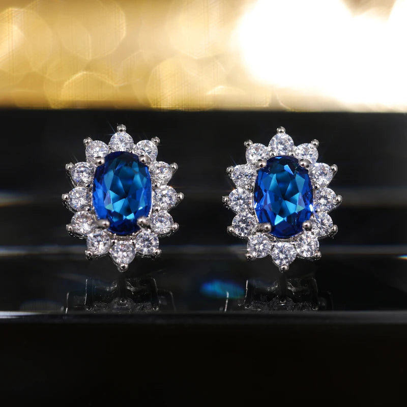 Huitan Full Zircon Stud Earrings for Women Blue/Purple/Red/Pink/Black/White/Green Oval CZ Wedding Trend Female Luxury Jewelry