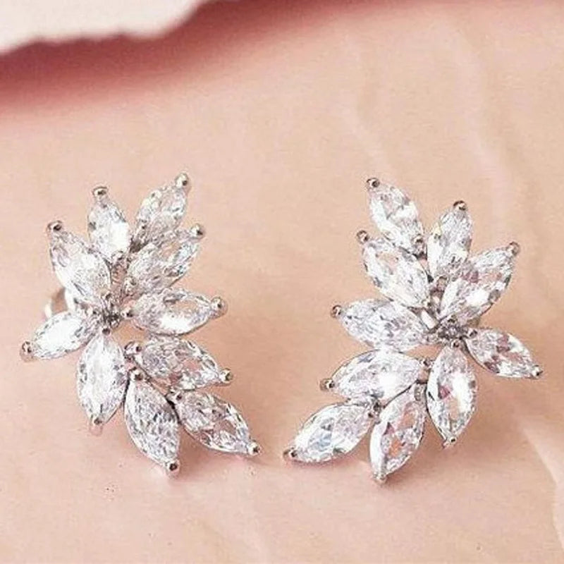 Huitan Chic Leaf Stud Earrings with AAA Marquise Cubic Zirconia Delicate Accessories for Women Wedding Party Statement Jewelry