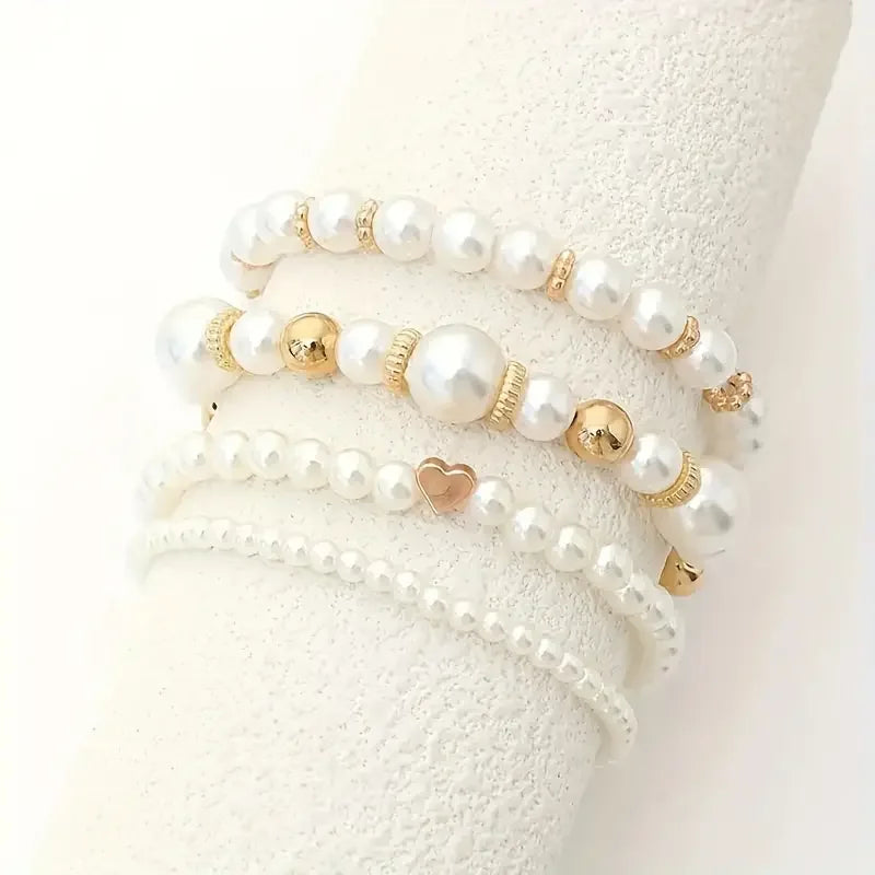 New 4 Pcs/Set imitation Pearl Beaded Bracelets Set for Women Fashion Gold Color Heart Big Pearl Bracelet Trendy Jewelry Gifts