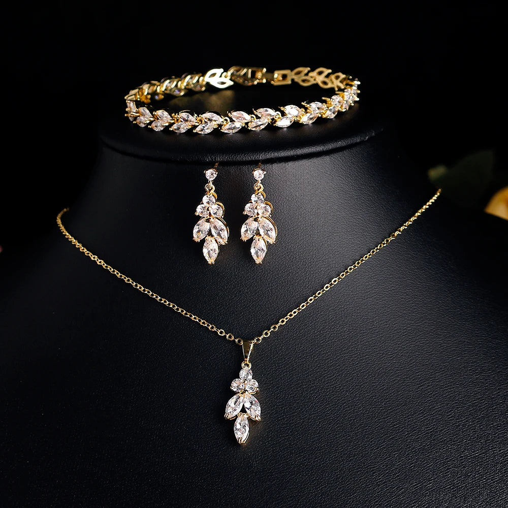 ZAKOL Luxury Brilliant Zirconia Leaf Necklace Earrings Rings Bracelets Set for Women CZ Drop Bridal Wedding Jewelry Sets