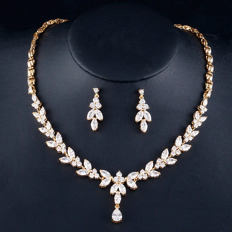 ZAKOL Luxury Brilliant Zirconia Leaf Necklace Earrings Rings Bracelets Set for Women CZ Drop Bridal Wedding Jewelry Sets