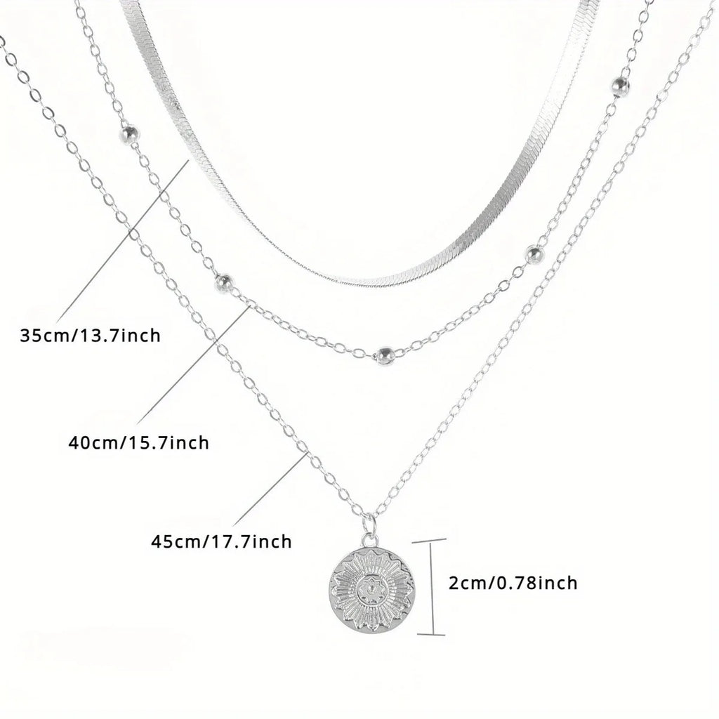 Multi-layer Chain Necklace Alloy Material Silvery Three-layer All-match Design Women's Snake Bone Chain with Round Bead Chain