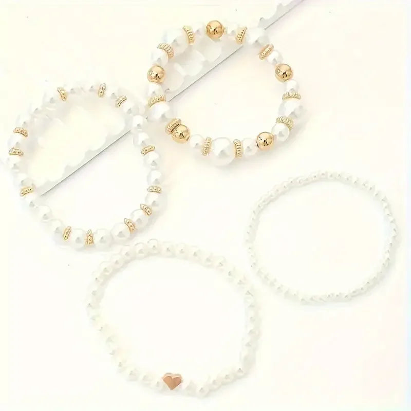 New 4 Pcs/Set imitation Pearl Beaded Bracelets Set for Women Fashion Gold Color Heart Big Pearl Bracelet Trendy Jewelry Gifts