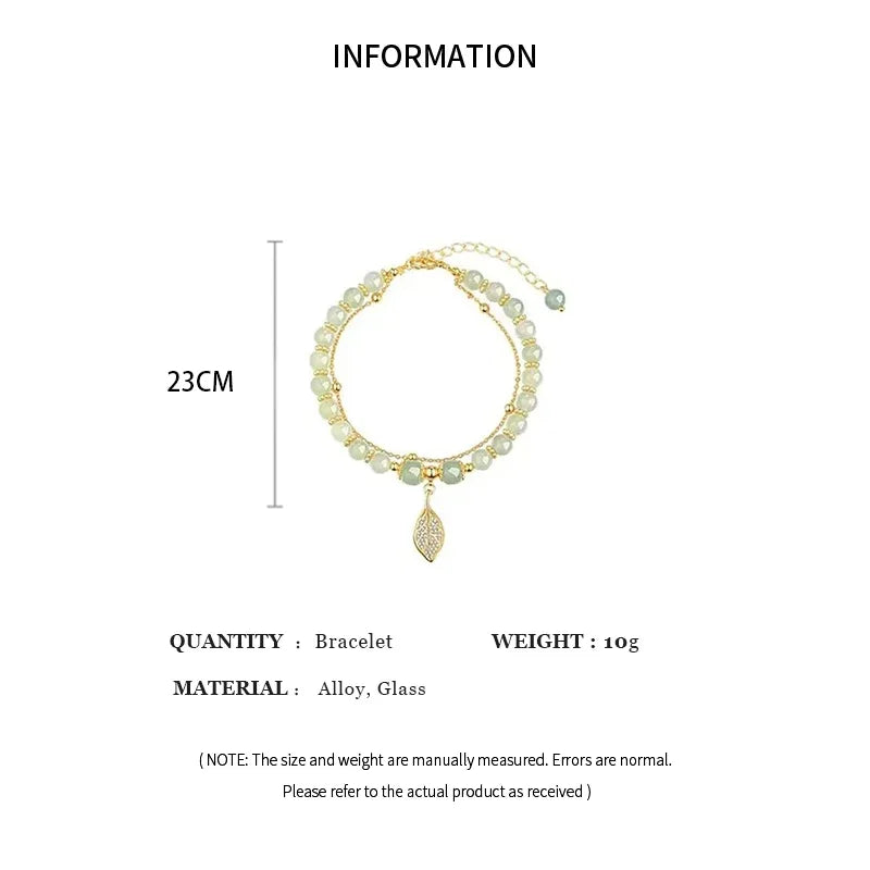 Chinese Style Green Jade Bracelet For Women Exquisite Gold Color Leaves Wrist Strap Bangle Double Chain Bracelet Girls Gifts