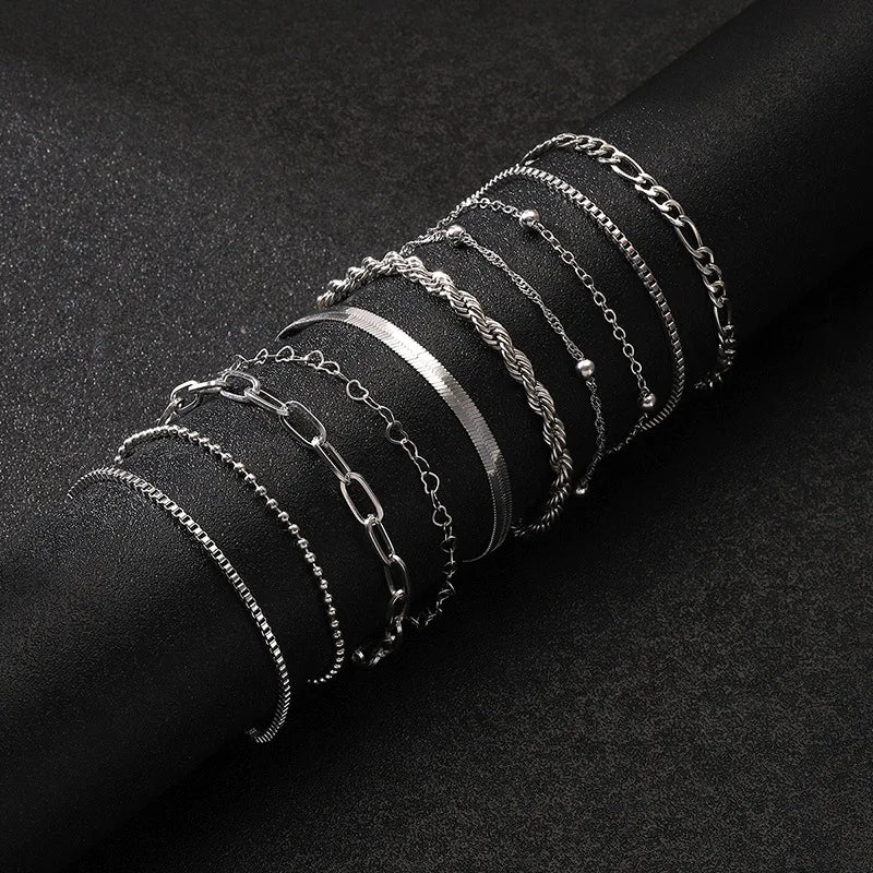 10 Pcs Vintage Statement Gold Color Flat Snake Chain Box Chain Bracelet Boho Multi-layer Metal Bracelet Women's Summer Jewelry