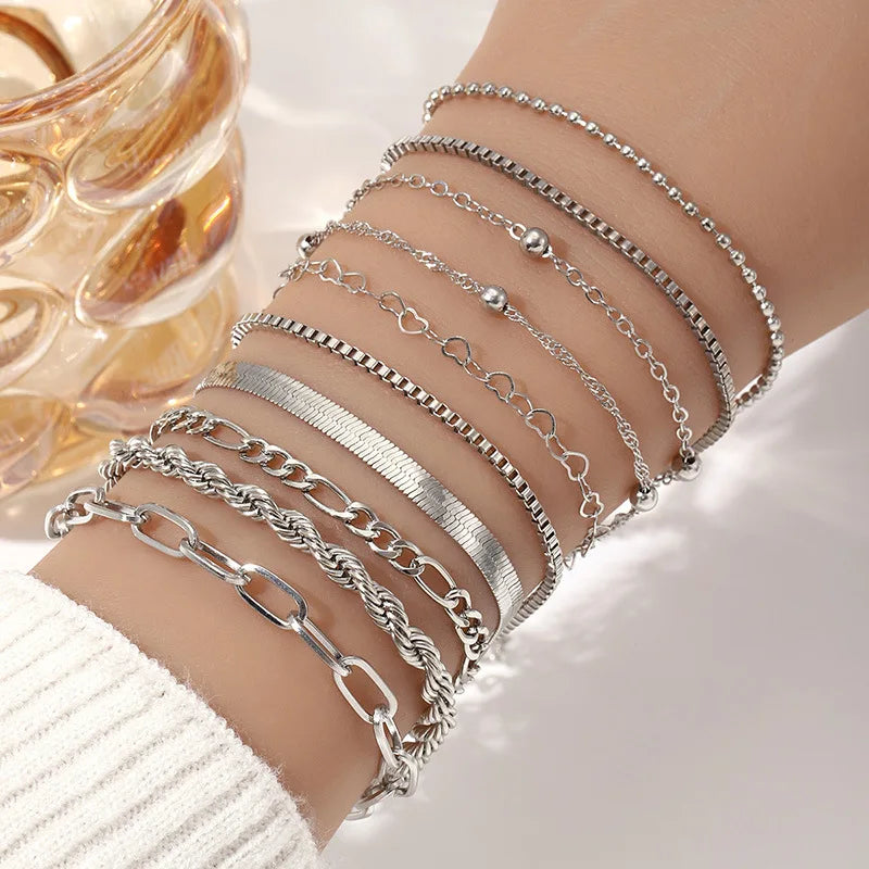 10 Pcs Vintage Statement Gold Color Flat Snake Chain Box Chain Bracelet Boho Multi-layer Metal Bracelet Women's Summer Jewelry