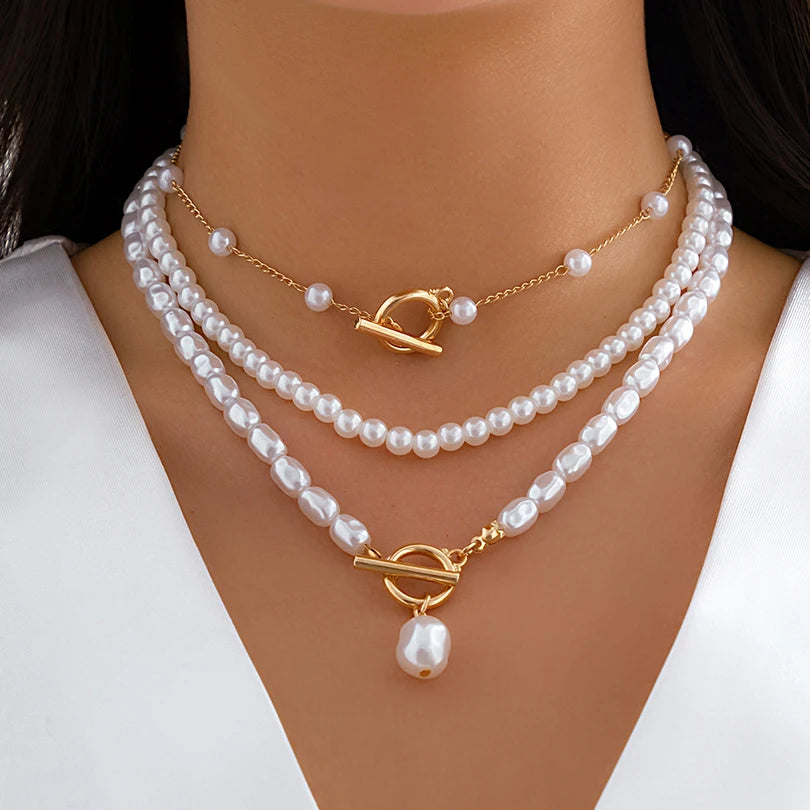 Ingemark Vintage Imitation-Pearl Heart OT Buckle Pendant Necklace Women Wedding Bridal Bead Chain Neck Accessories Jewelry New