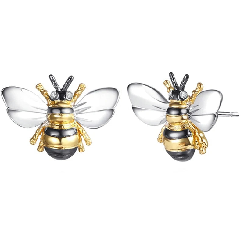 Huitan Fashion Simulated Pearl Bee Stud Earrings Girls with Crystal Cubic Zirconia Cute Animal Earrings Daily Wear Women Jewelry
