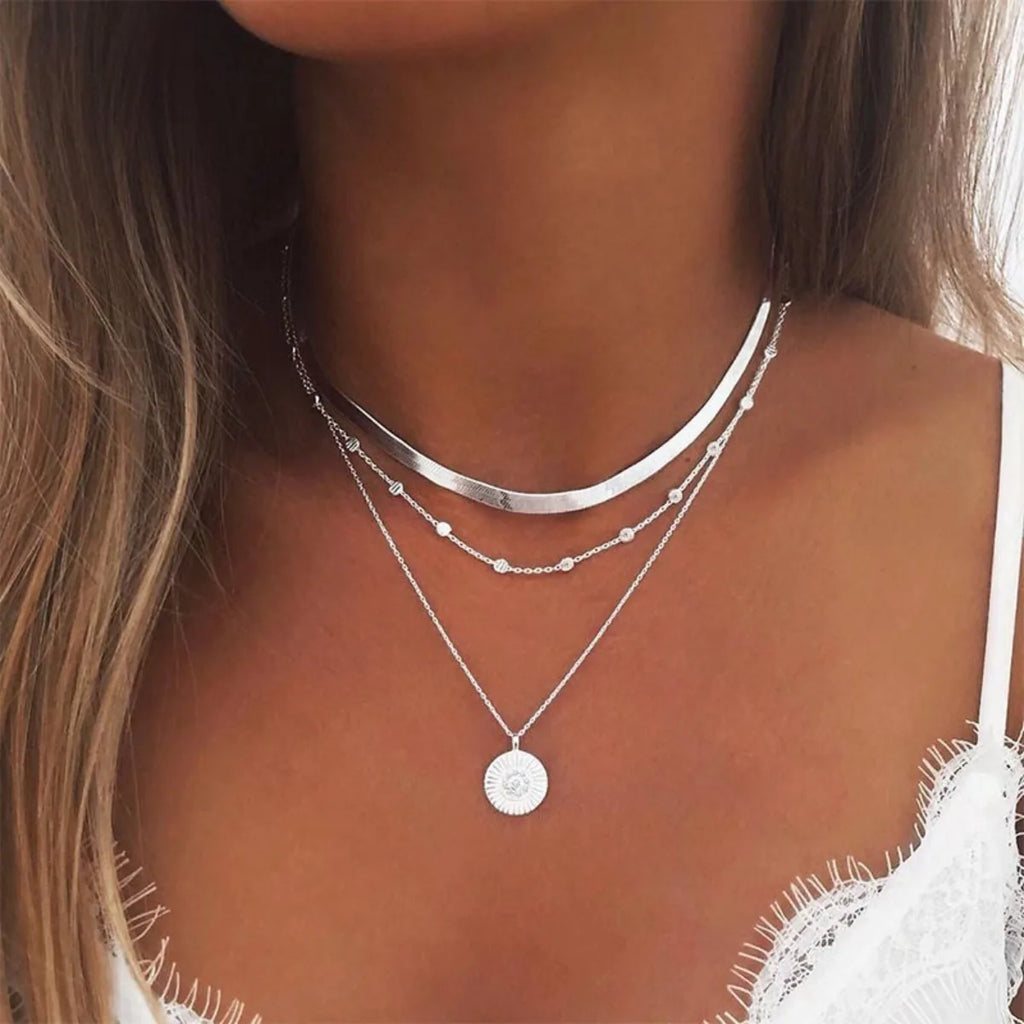 Multi-layer Chain Necklace Alloy Material Silvery Three-layer All-match Design Women's Snake Bone Chain with Round Bead Chain