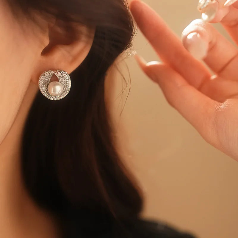 ZAKOL Luxury AAA Zircon Round Pearl Earrings for Women Irregular Stud Earring Temperament Wedding Party Jewelry