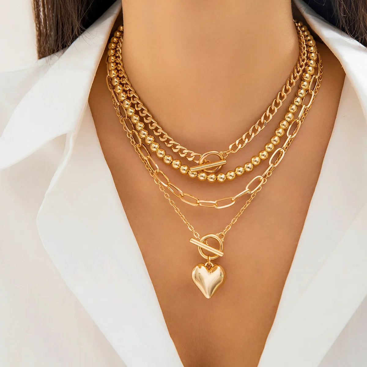 4Pcs/Set Punk Gold Color Heart Pendant Necklace for Women 2024 Trendy OT Buckle Beaded Neck Chain Choker Y2K Jewelry Accessories