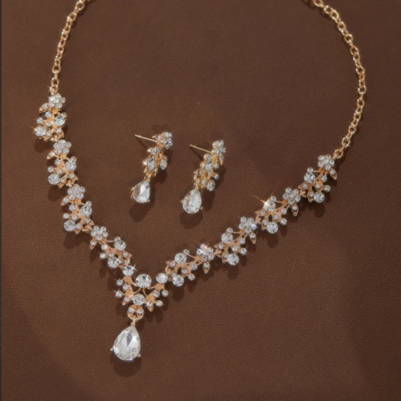 Fashion Light Luxury Temperament Teardrop Pendant Necklace Earrings, Women's Luxury Shining Wedding Party Jewelry Accessories