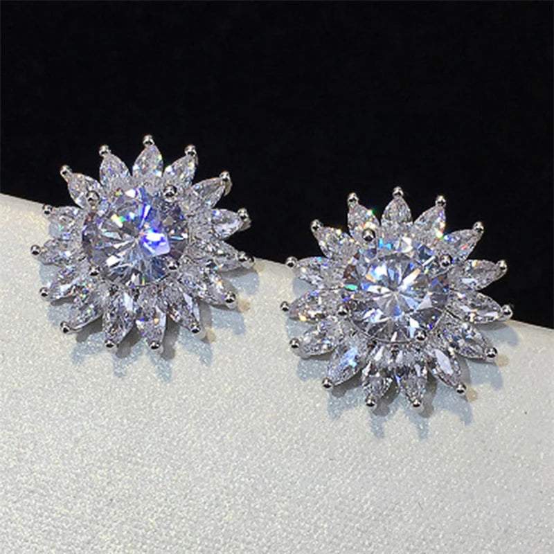 Huitan Eternity Cubic Zirconia Flower Stud Earrings for Women High Quality Wedding Accessories Classic Versatile Female Jewelry