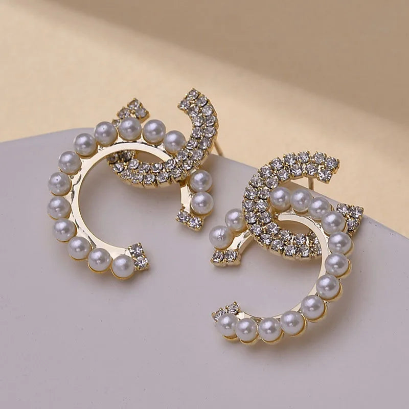 Delicate Mirco Inlaid Pearl Rhinestone Letter C-shaped Earrings Women Temperament Trendy Jewelry Gifts