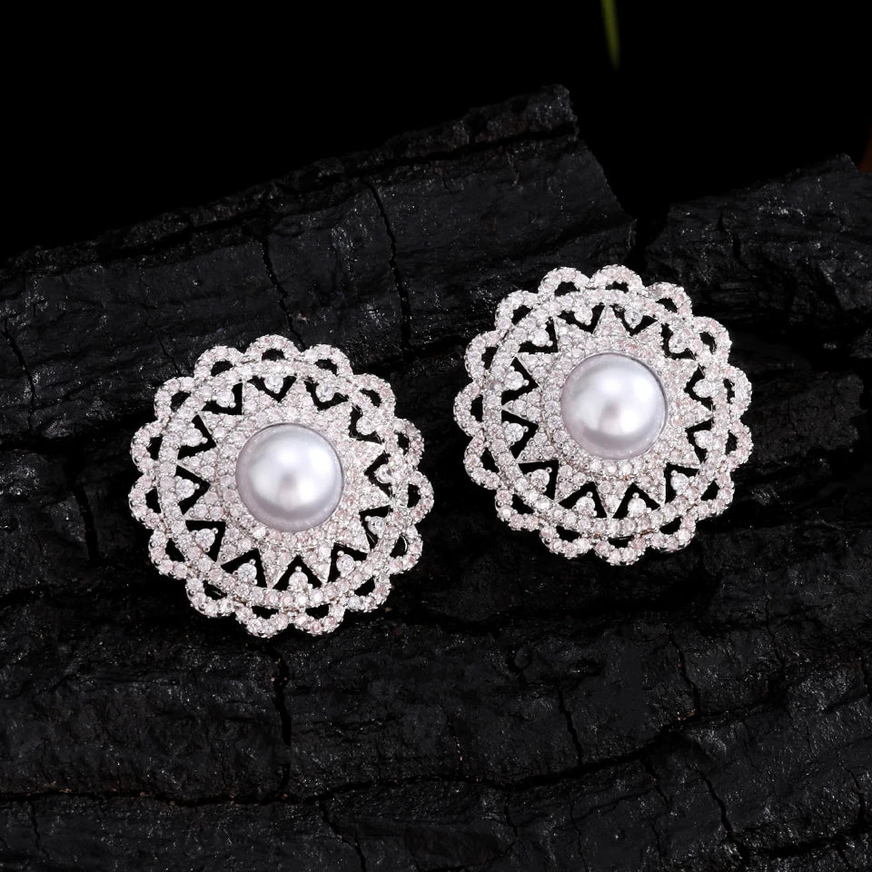 ZAKOL Luxury AAA Zircon Round Pearl Earrings for Women Irregular Stud Earring Temperament Wedding Party Jewelry