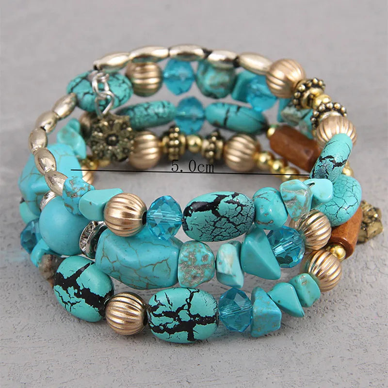 Fashion Bohemia Style Ethnic Turquoise Color Multilayer Bangles For Women BIjoux Vintage Handmade Beaded Bracelet Jewelry Gift