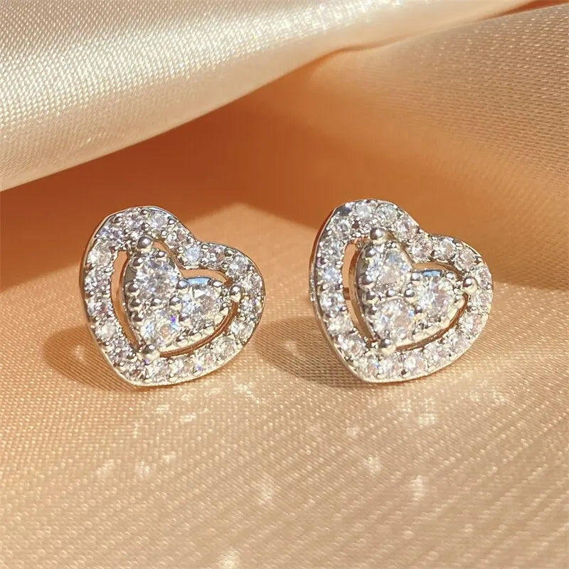 ZAKOL Loving Heart Zirconia Stud Earrings For Women Girls Silver Color Metal Crystal Ears Accessories Wedding Jewelry Gifts