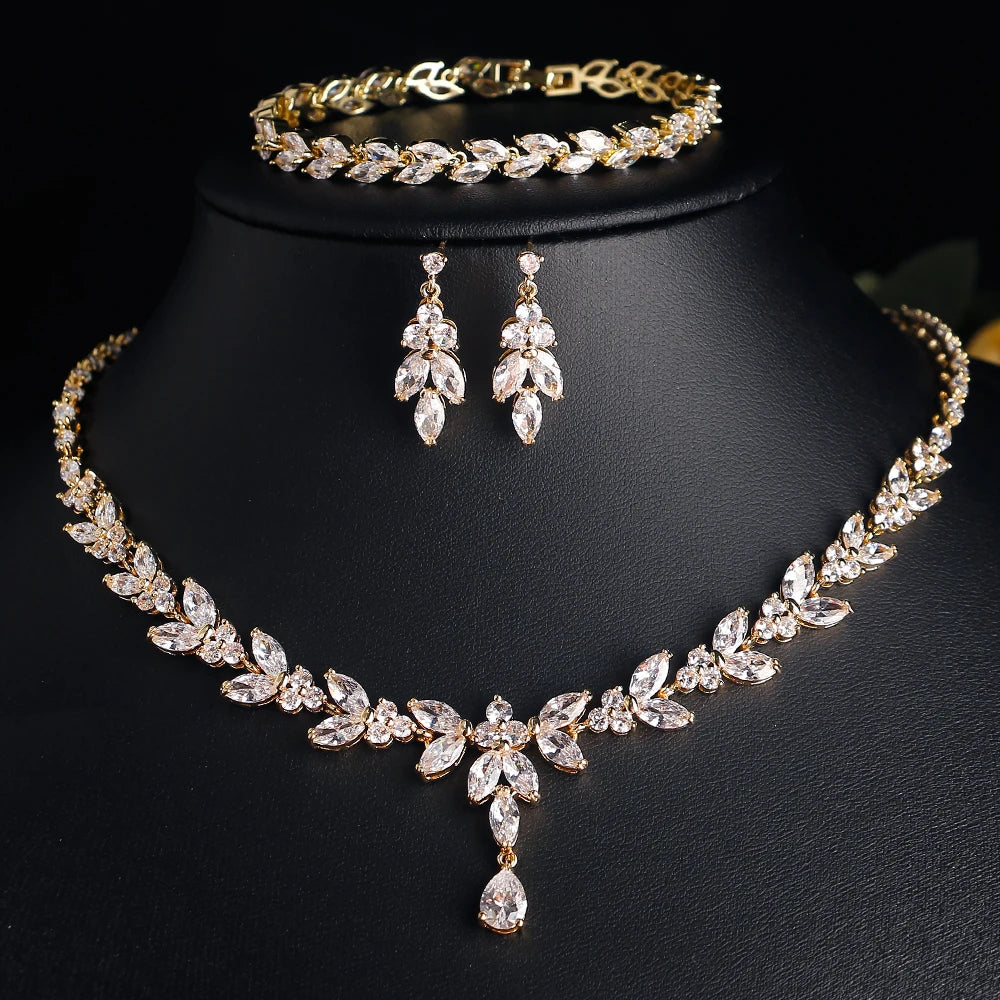 ZAKOL Luxury Brilliant Zirconia Leaf Necklace Earrings Rings Bracelets Set for Women CZ Drop Bridal Wedding Jewelry Sets