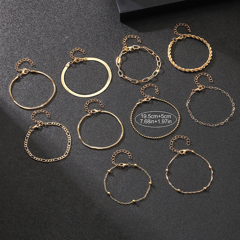 10 Pcs Vintage Statement Gold Color Flat Snake Chain Box Chain Bracelet Boho Multi-layer Metal Bracelet Women's Summer Jewelry