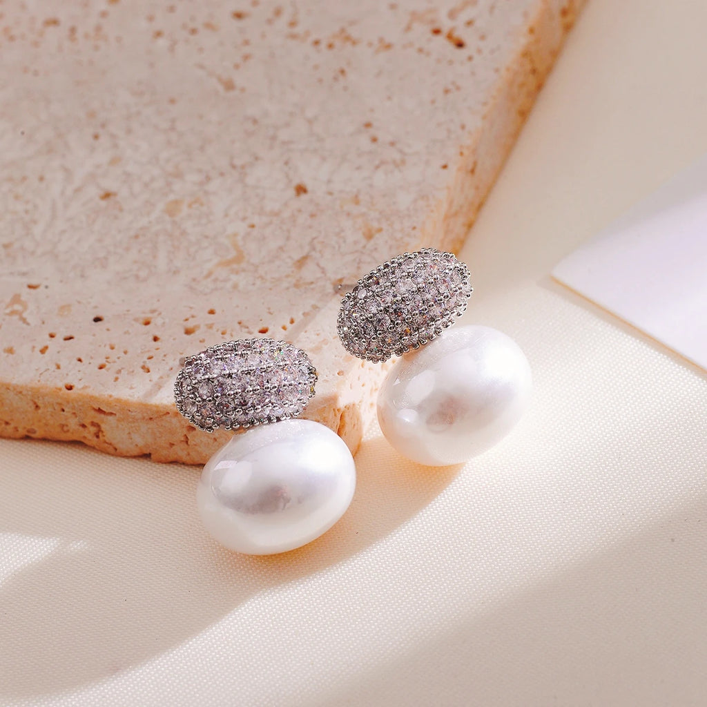 UILZ Fashion Oval Imitation Pearl Stud Earrings for Women Geometric Cubic Zirconia Elegant Bridal Earring Wedding Jewelry