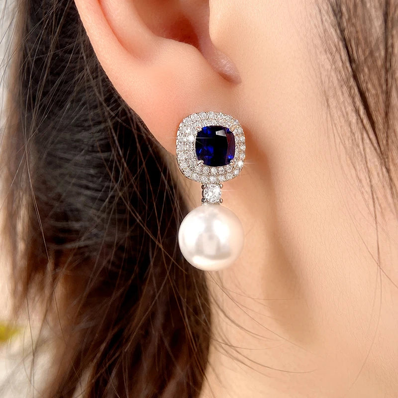 Huitan Gorgeous Blue Cubic Zirconia Imitation Pearl Earrings Women for Engagement Wedding Party Temperament Elegant Ear Jewelry
