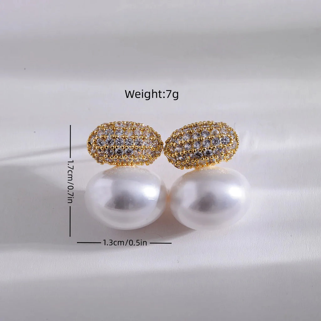 UILZ Fashion Oval Imitation Pearl Stud Earrings for Women Geometric Cubic Zirconia Elegant Bridal Earring Wedding Jewelry