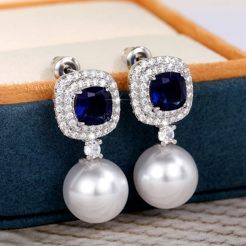 Huitan Gorgeous Blue Cubic Zirconia Imitation Pearl Earrings Women for Engagement Wedding Party Temperament Elegant Ear Jewelry