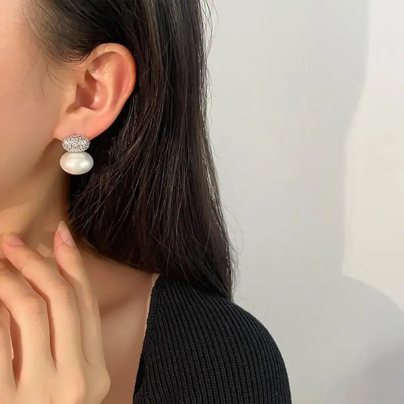 UILZ Fashion Oval Imitation Pearl Stud Earrings for Women Geometric Cubic Zirconia Elegant Bridal Earring Wedding Jewelry