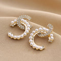 Delicate Mirco Inlaid Pearl Rhinestone Letter C-shaped Earrings Women Temperament Trendy Jewelry Gifts