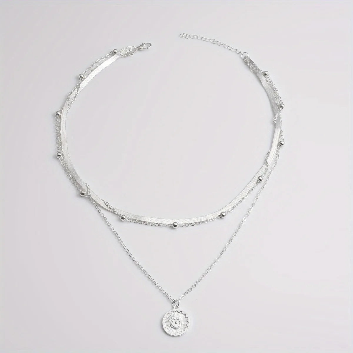 Multi-layer Chain Necklace Alloy Material Silvery Three-layer All-match Design Women's Snake Bone Chain with Round Bead Chain