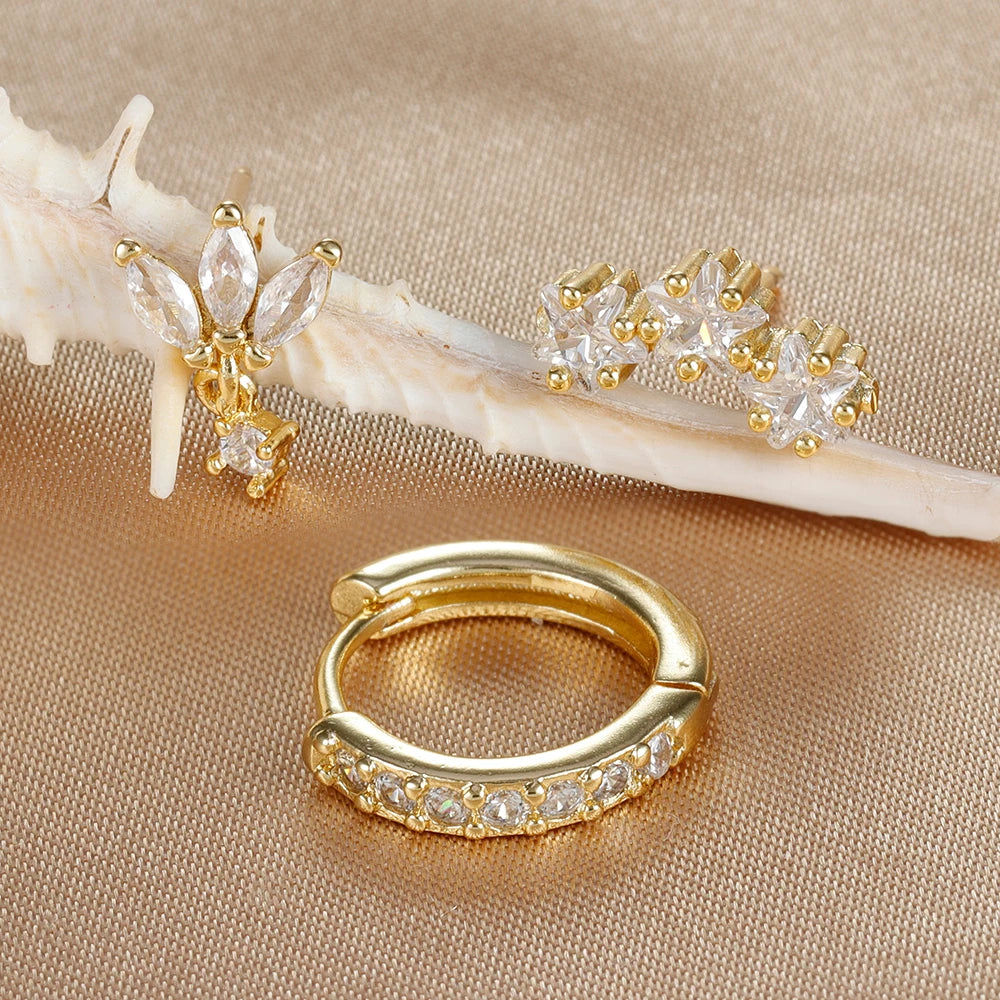 3PCS Stainless Steel Huggies Star Hoop Earrings Set for Women Trendy Zircon Pendant Gold Color Statement Piercing Jewelry Aretes