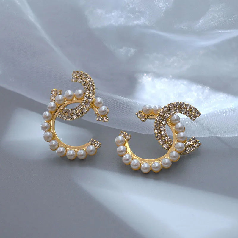 Delicate Mirco Inlaid Pearl Rhinestone Letter C-shaped Earrings Women Temperament Trendy Jewelry Gifts
