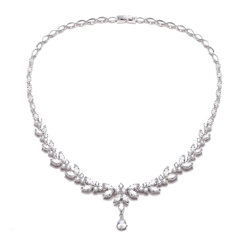 ZAKOL Luxury Brilliant Zirconia Leaf Necklace Earrings Rings Bracelets Set for Women CZ Drop Bridal Wedding Jewelry Sets