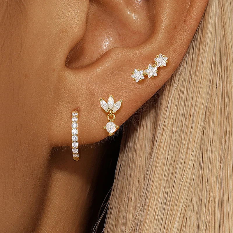 3PCS Stainless Steel Huggies Star Hoop Earrings Set for Women Trendy Zircon Pendant Gold Color Statement Piercing Jewelry Aretes