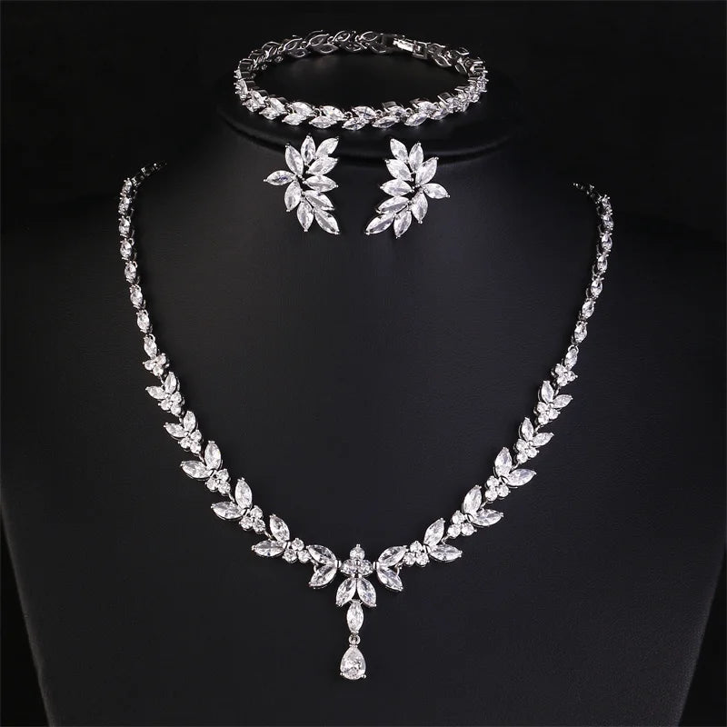ZAKOL Luxury Brilliant Zirconia Leaf Necklace Earrings Rings Bracelets Set for Women CZ Drop Bridal Wedding Jewelry Sets