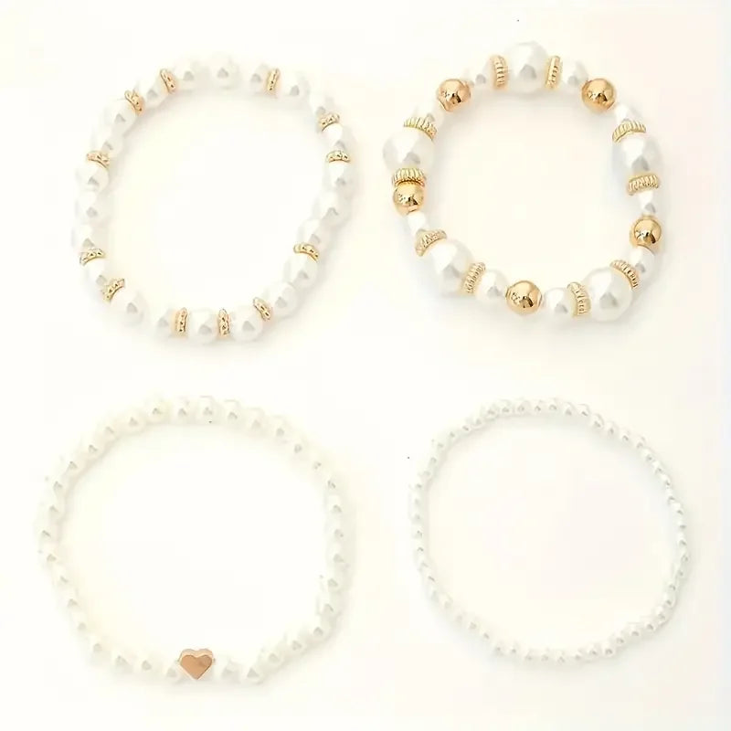 New 4 Pcs/Set imitation Pearl Beaded Bracelets Set for Women Fashion Gold Color Heart Big Pearl Bracelet Trendy Jewelry Gifts