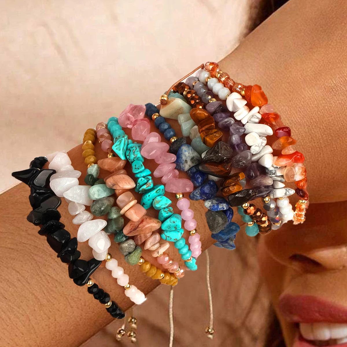 12 piece irregular natural stone woven stretchable bracelet set suitable for daily wear