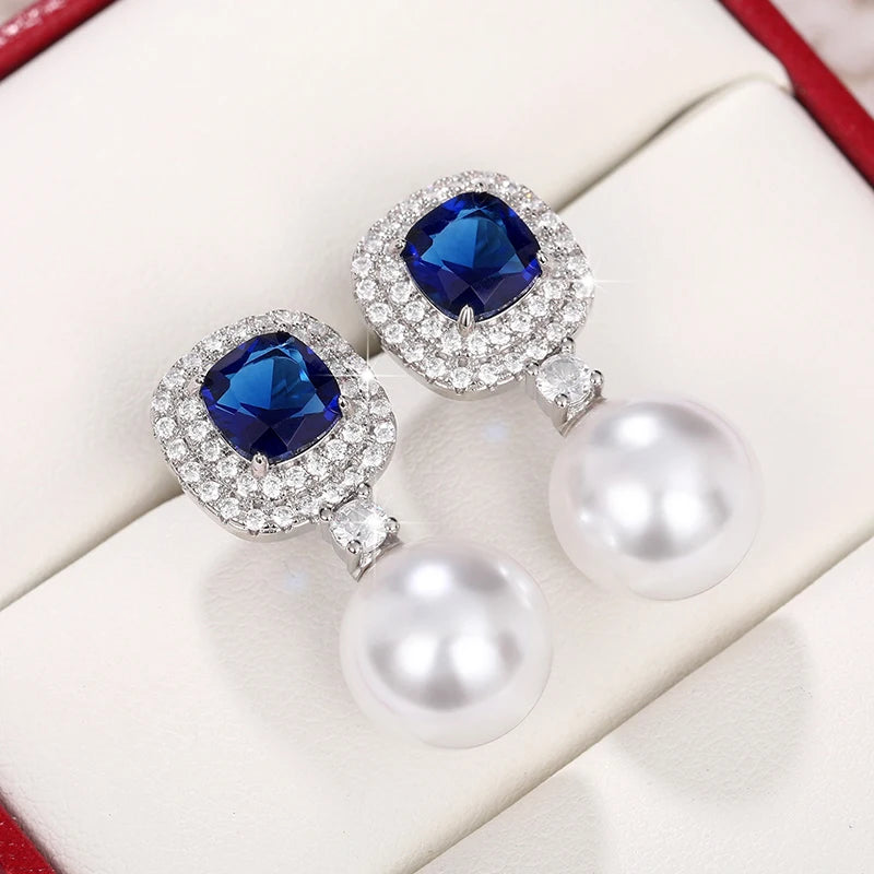 Huitan Gorgeous Blue Cubic Zirconia Imitation Pearl Earrings Women for Engagement Wedding Party Temperament Elegant Ear Jewelry