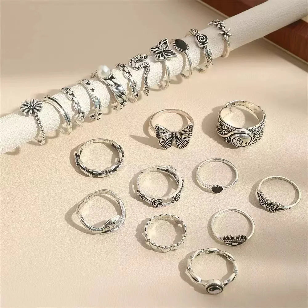 21PCS Cross-border New Punk-Style Butterfly Heart And Tai Chi design Multi-Element Snake Ring SSuits For Men And Women
