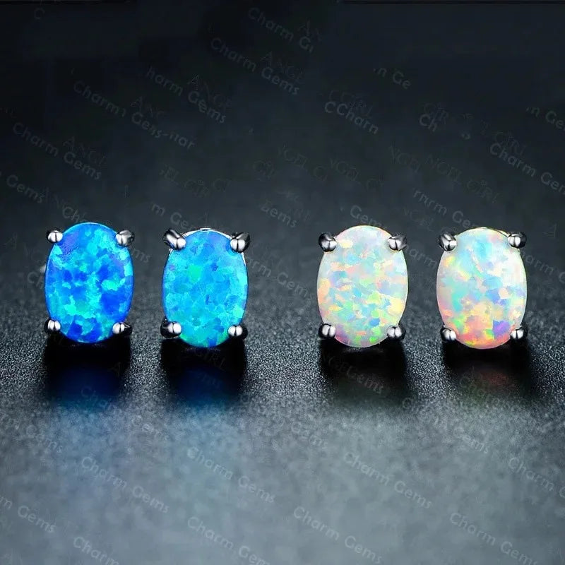 2023 New Cute Female Blue Fire Opal Stud Earrings Boho Silver Color Wedding Jewelry Small Round Double Earrings for Women Girls