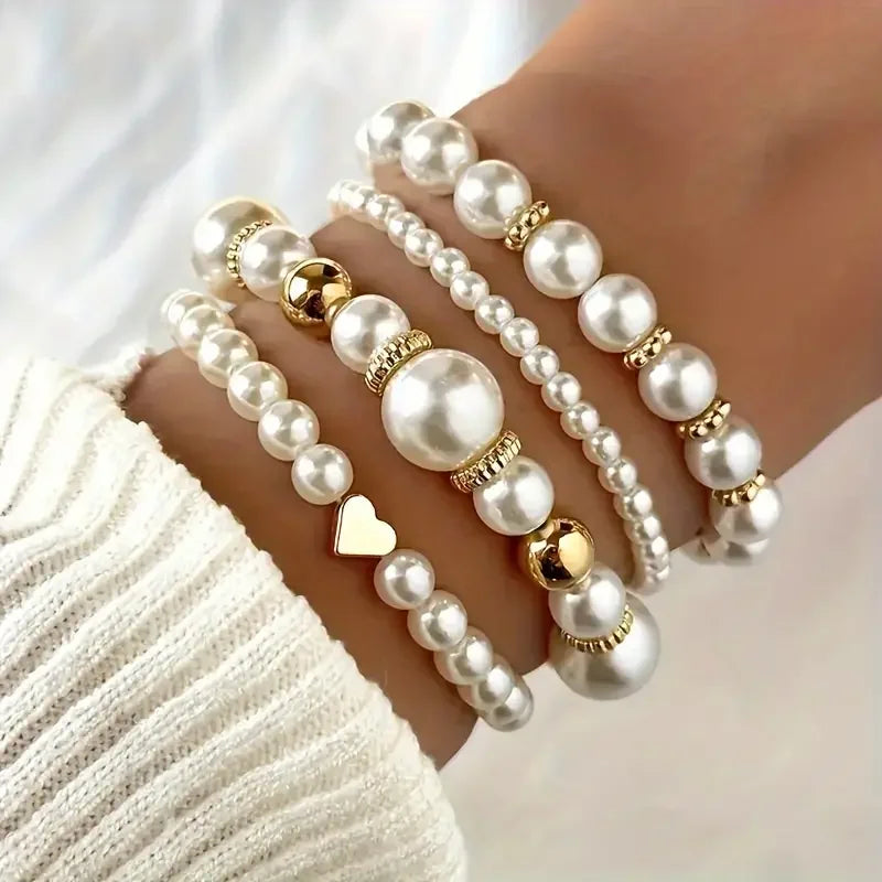 New 4 Pcs/Set imitation Pearl Beaded Bracelets Set for Women Fashion Gold Color Heart Big Pearl Bracelet Trendy Jewelry Gifts