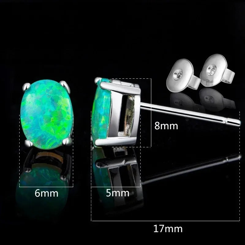 2023 New Cute Female Blue Fire Opal Stud Earrings Boho Silver Color Wedding Jewelry Small Round Double Earrings for Women Girls