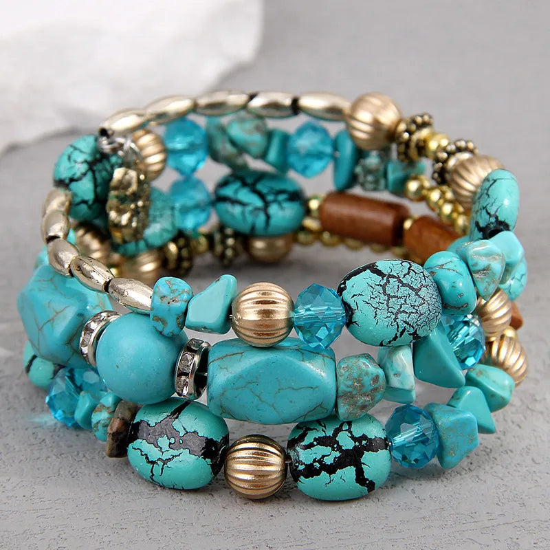 Fashion Bohemia Style Ethnic Turquoise Color Multilayer Bangles For Women BIjoux Vintage Handmade Beaded Bracelet Jewelry Gift