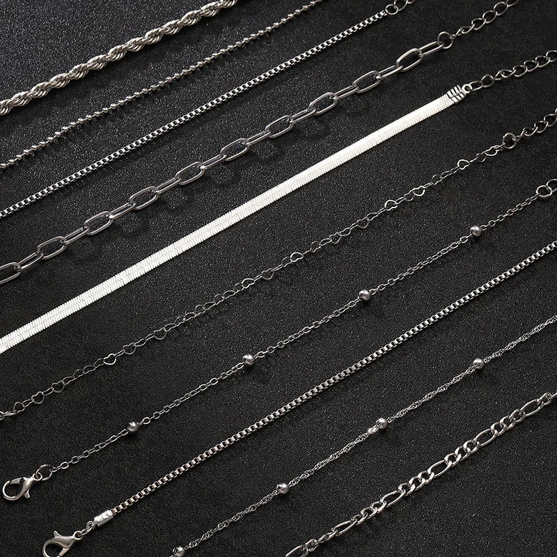 10 Pcs Vintage Statement Gold Color Flat Snake Chain Box Chain Bracelet Boho Multi-layer Metal Bracelet Women's Summer Jewelry