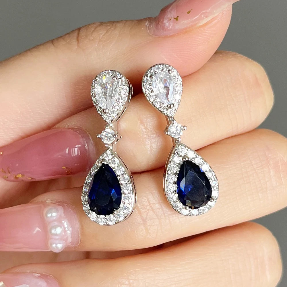 Huitan Fashion Luxury Blue/White Pear CZ Drop Earrings New Engagement Wedding Ear Accessories for Women Fancy Anniversary Gift